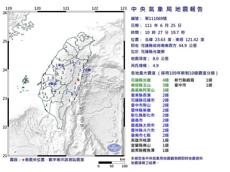 花蓮發生地震。（圖／翻攝自中央氣象局）