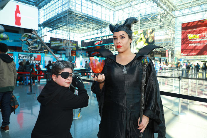 Cosplayers arrive for the third day of the 2019 New York Comic Con at the Jacob Javits Center on Oct. 5, 2019. The four-day event is the largest pop culture event on the East Coast. (Photo: Gordon Donovan/Yahoo News)