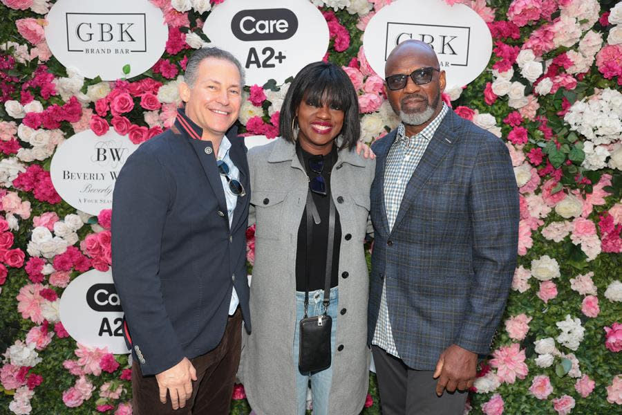 (Left to Right) Gavin Keilly, of GBK Brand Bar, welcomes Viola Davis and Julius Tennon to his GBK Brand Bar pre-Oscar luxury lounge, presented by CareA2+ at the Beverly Wilshire, A Four Seasons Hotel in Beverly Hills. (Photo by Tiffany Rose/Getty Images for GBK Brand Bar)