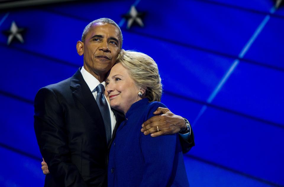 &nbsp;President Barack Obama hugs Democratic Nominee for President of the United States former Secretary of State Hillary Clinton after delivering a speech at the Democratic National Convention in Philadelphia, Pennsylvania on Wednesday, July 27, 2016.