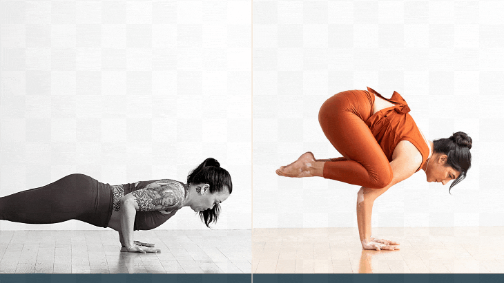 A woman with dark hair and an elaborate arm tatoo practines Chaturanga. A different woman with dark hair lifts into Crow Pose. They practice on a bare wood floor against a plain white background.