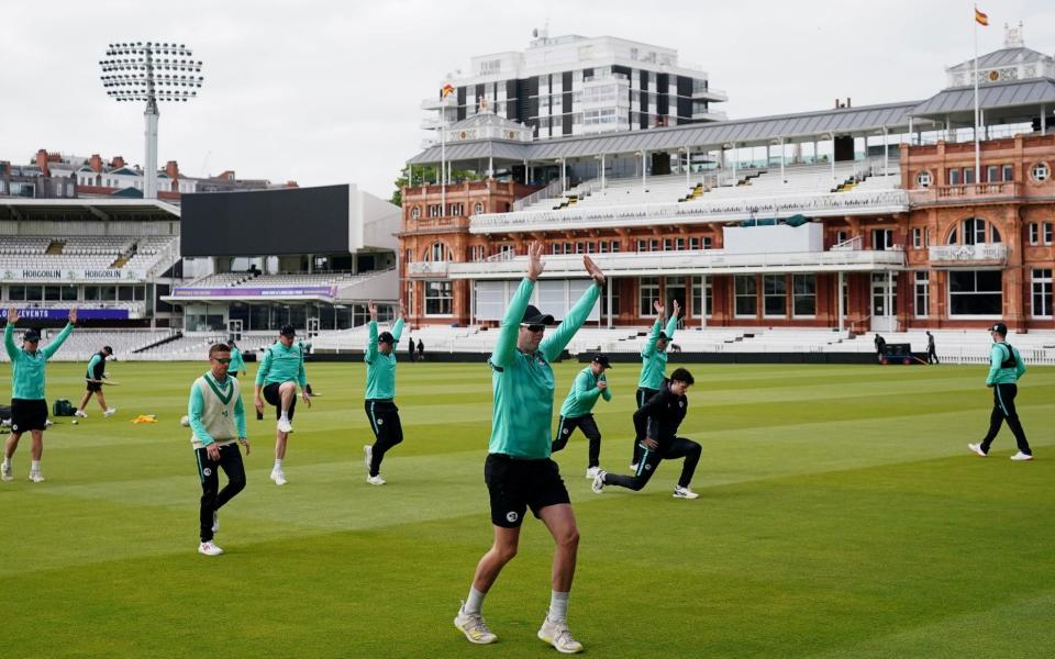 A general view of Ireland players warming up during a nets session at Lord's Cricket Ground, London on May 30, 2023. - PA/Zac Goodwin