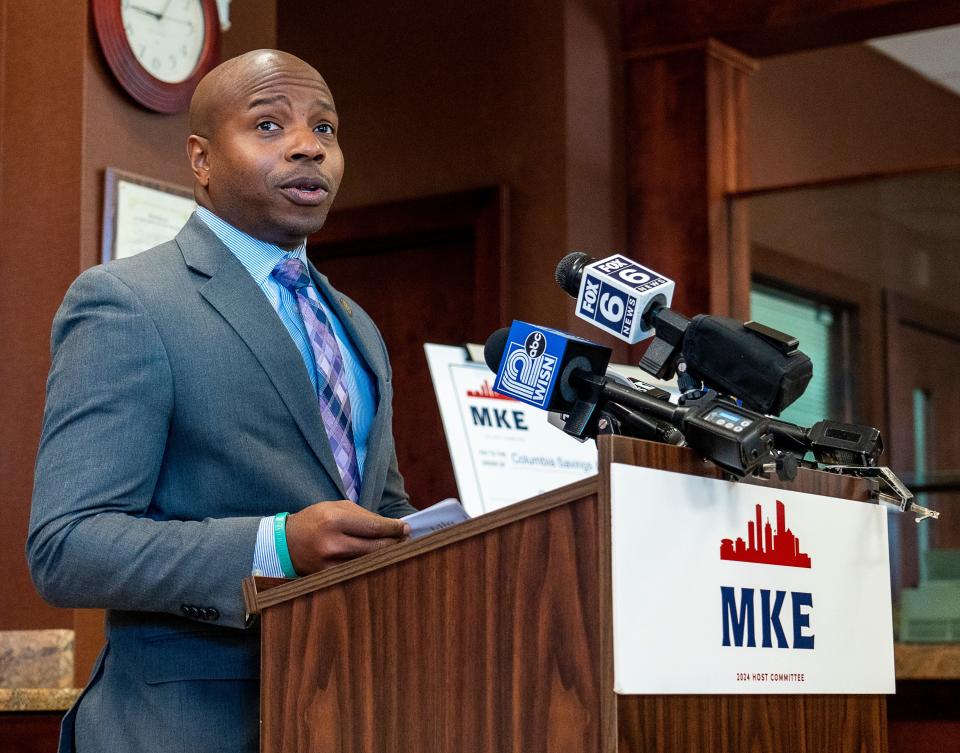 Milwaukee Mayor Cavalier Johnson speaks at a press conference.