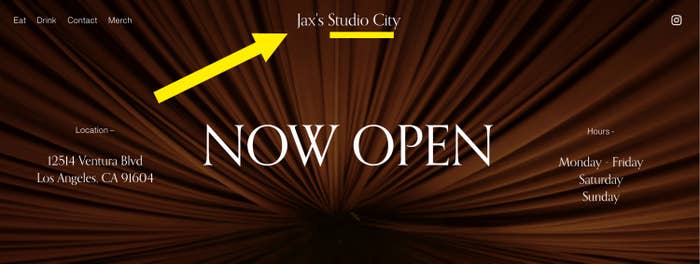 Advertisement for 'Jax's Studio City' now open, with location info, hours, and website navigation options