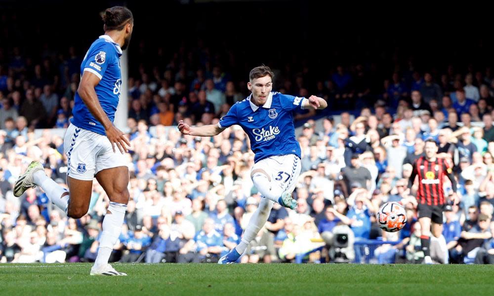 James Garner scores Everton’s first goal against Bournemouth.