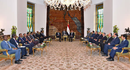 Egyptian President Abdel Fattah al-Sisi meets with Ethiopian Prime Minister Abiy Ahmed and delegations of the two governments at the Ittihadiya presidential palace in Cairo, Egypt, June 10, 2018. in this handout picture courtesy of the Egyptian Presidency. The Egyptian Presidency/Handout via REUTERS