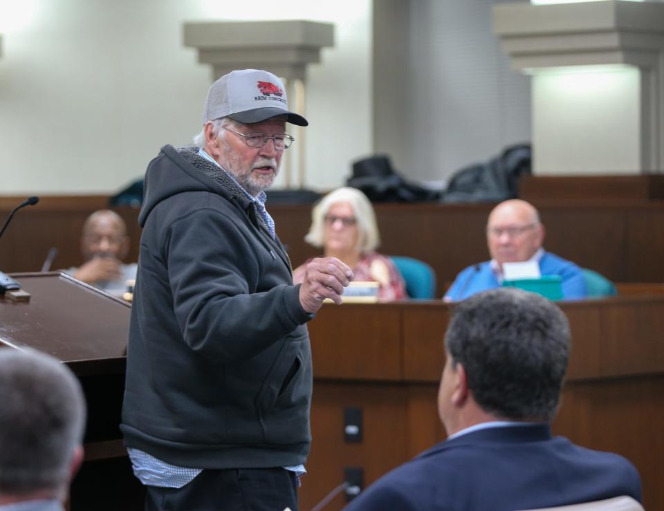 Ron Koehler, utility president for Dayton, points and berates Ton Roswarski, the Mayor of the City of Lafayette, during the May's Lafayette City Council meeting, on Monday, May 1, 2023, in Lafayette, Ind.