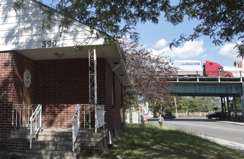 A general view of a vacant, boarded up home in the Olde Sandwich neighborhood where the Ambassador Bridge Company bought up and boarded up homes along Indian Road in Windsor, Ontario