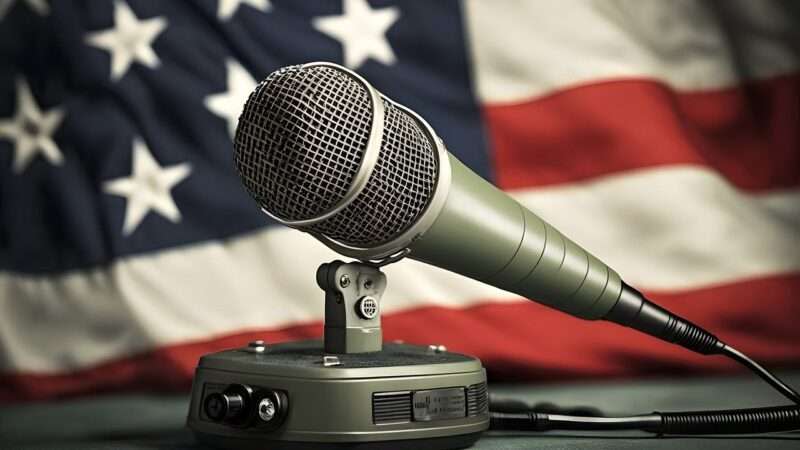 Microphone in front of American flag