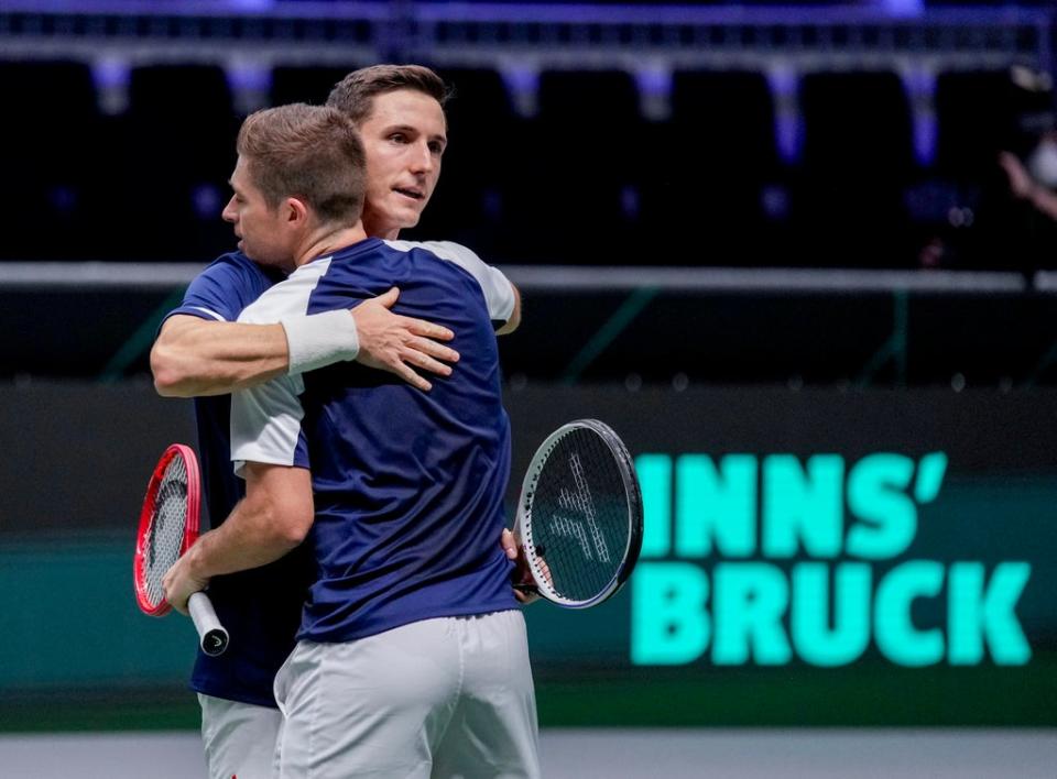 Joe Salisbury (right) and Neal Skupski helped Great Britain to defeat the Czech Republic and reach the quarter-finals of the Davis Cup in Innsbruck (Michael Probst/AP) (AP)