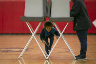 Declan Brady peeks under the voting booth while his grandmother Darlene Walker votes at Drew Middle School on Election Day in Stafford, Va., Tuesday, Nov. 5, 2019. (Mike Morones/The Free Lance-Star via AP)