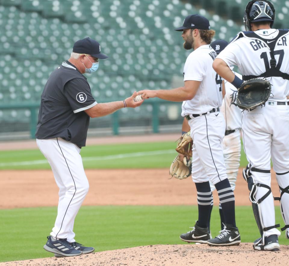 Tigers manager Ron Gardenhire walks to the mound to take out Tigers pitcher Daniel Norris during the second inning of Game 2 of the doubleheader at Comerica Park on Sunday, August 2, 2020.