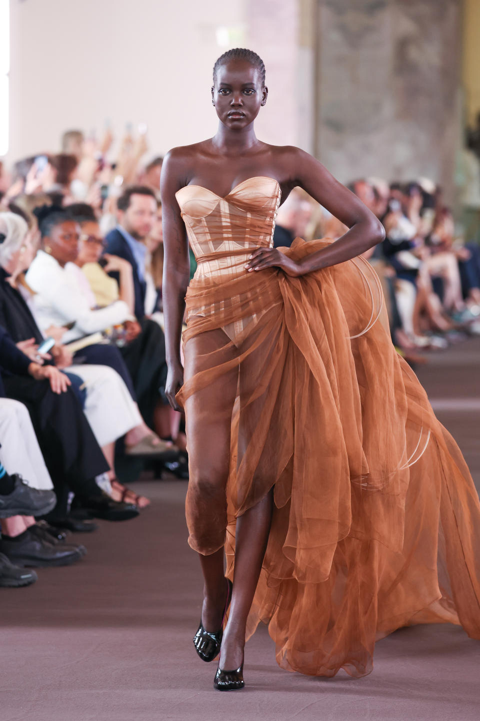 PARIS, FRANCE - JULY 03: (EDITORIAL USE ONLY - For Non-Editorial use please seek approval from Fashion House) Adut Akech walks the runway during the Schiaparelli Haute Couture Fall/Winter 2023/2024 show as part of Paris Fashion Week on July 03, 2023 in Paris, France. (Photo by Peter White/Getty Images)