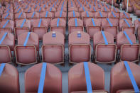 Seating is taped off to meet social distancing needs before the start of the NWSL Challenge Cup soccer match between the Portland Thorns FC and the North Carolina Courage at Zions Bank Stadium Saturday, June 27, 2020, in Herriman, Utah. (AP Photo/Rick Bowmer)