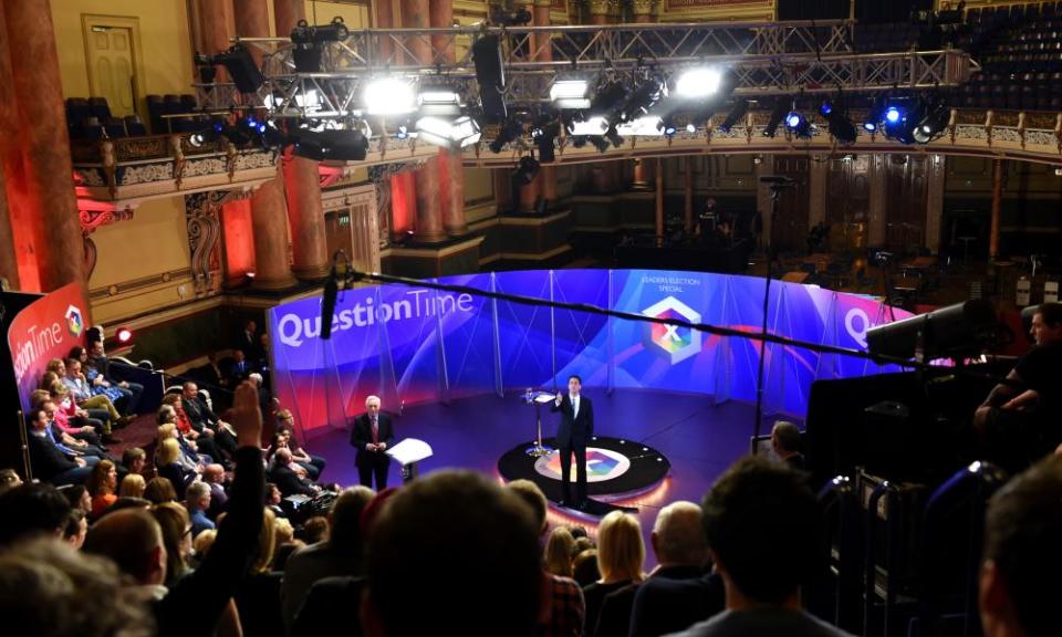 Ed Miliband in 2015 taking part in a live question-and-answer session for the BBC, similar to the one taking place on Friday.