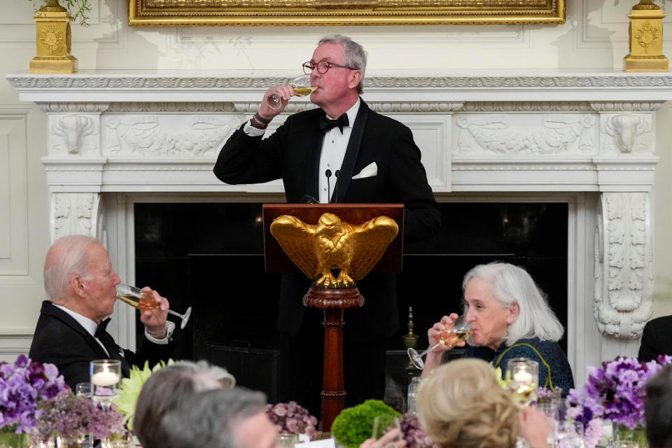 New Jersey Gov. Phil Murphy toasts Joe Biden during a black-tie dinner for governors at the White House in February.