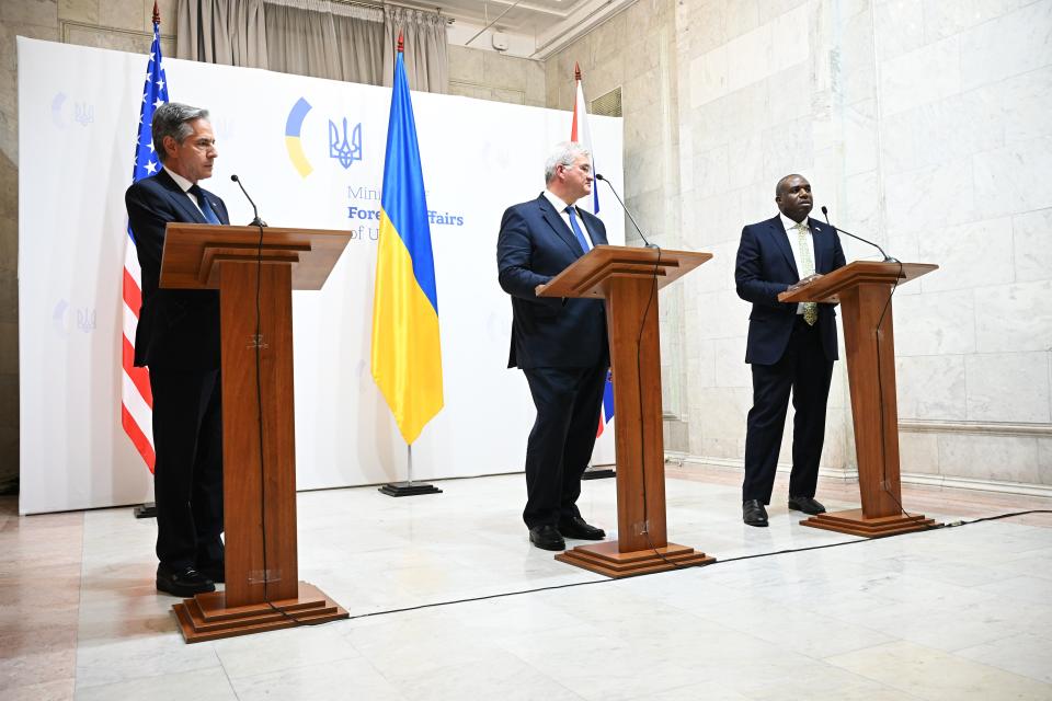 Earlier this month, Antony Blinken and David Lammy held a joint press conference in Kyiv with Sybiha (Leon Neal/PA) (PA Wire)