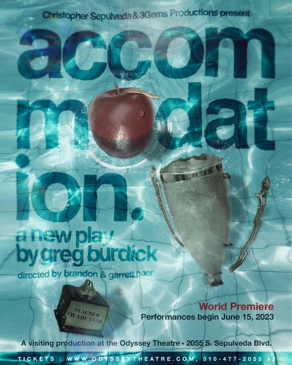 The billing for a play by Greg Burdick, a theater teacher a Lake Gibson High School, called "Accommodation," about a conflict between a teacher and parent about special accommodations for a child. The play is showing in Los Angeles through July 9.