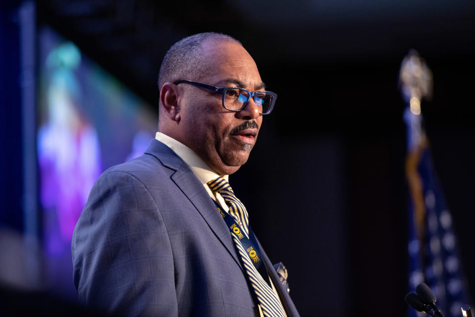 Everett Kelley, national secretary-treasurer of the AFGE, speaks during the American Federation of Government Employees (AFGE) Legislative and Grassroots Mobilization Conference in Washington, D.C., U.S., on Monday, Feb. 10, 2020. (Amanda Andrade-Rhoades/Bloomberg via Getty Images)