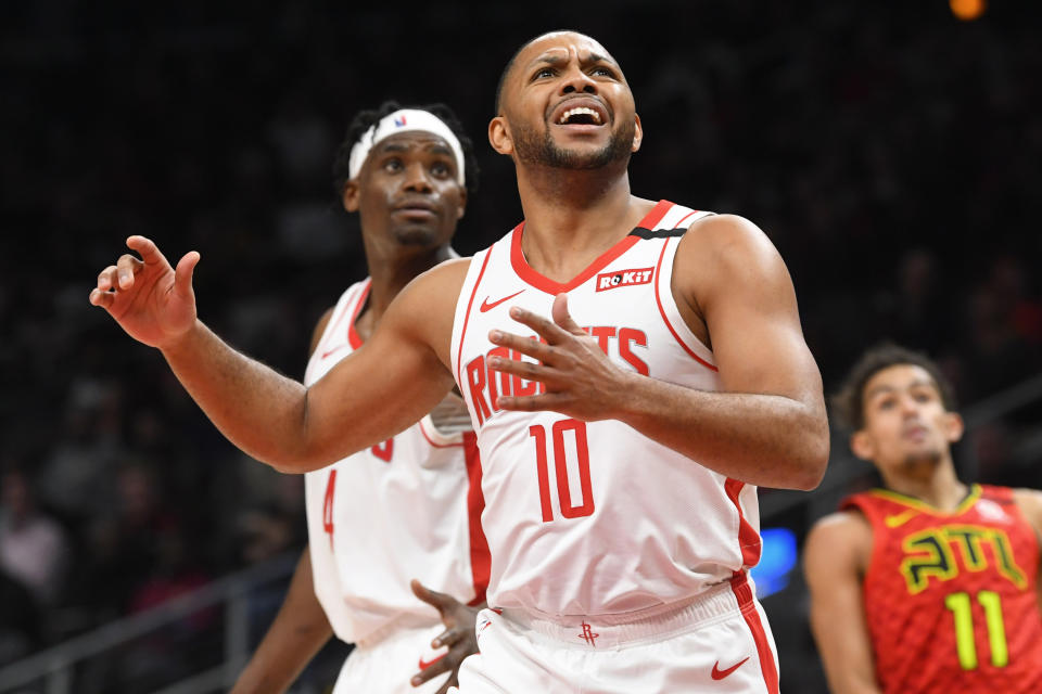 Houston Rockets guard Eric Gordon reacts after being called for a foul during the first half of an NBA basketball game against Atlanta Hawks, Wednesday, Jan. 8, 2020, in Atlanta. (AP Photo/John Amis)