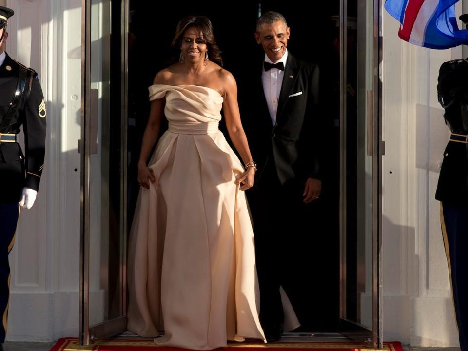 The Obamas at a state dinner in 2016.