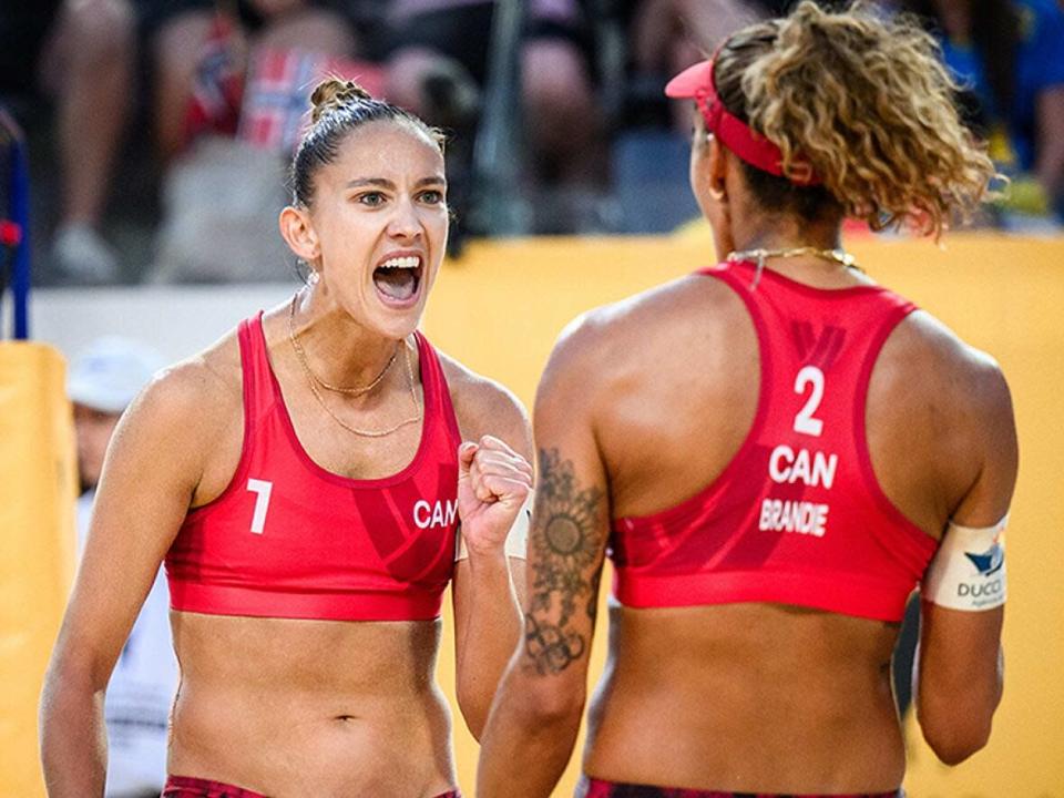 Canada's Sophie Bukovec, left, and Brandie Wilkerson lost to Brazil's Eduarda (Duda) Lisboa and Ana Patricia Ramos in Sunday's women's final at the beach volleyball world championships in Rome. The silver medal was earned in only their fourth tournament together. (FIVB - image credit)