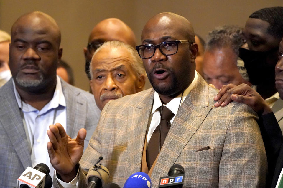 Philonise Floyd, brother of George Floyd, reacts during a news conference after the verdict was read in the trial of former Minneapolis Police officer Derek Chauvin. Source: AP