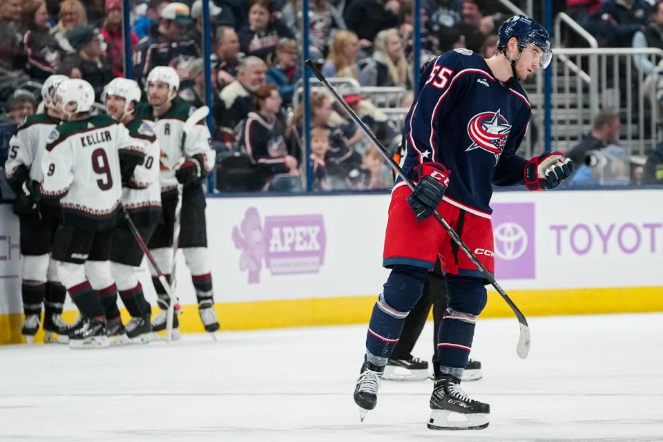 Nov 16, 2023; Columbus, Ohio, USA; Columbus Blue Jackets defenseman David Jiricek (55) skates to the bench following a goal by Arizona Coyotes center Logan Cooley (92) during the third period of the NHL hockey game at Nationwide Arena. The Blue Jackets lost 3-2.