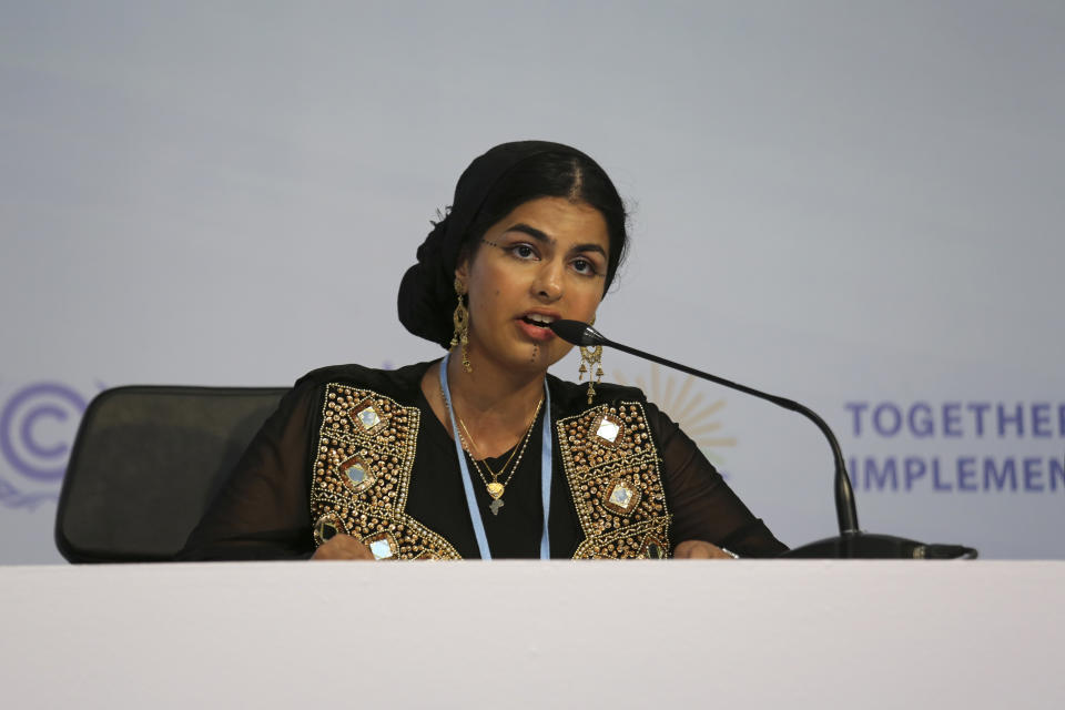 FILE - Pakistani climate justice advocate Ayisha Siddiqa reads a poem she wrote during an intergenerational panel discussion addressing loss and damage, at the COP27 U.N. Climate Summit, Nov. 17, 2022, in Sharm el-Sheikh, Egypt. United Nations Secretary-General Antonio Guterres announced seven new climate leaders, including Siddiqa, that will become his next Youth Advisory Group on Climate Change on Thursday, March 16, 2023. (AP Photo/Thomas Hartwell, File)