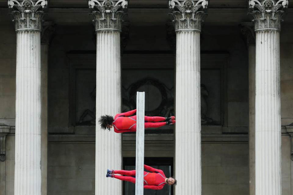 LONDON, ENGLAND - JULY 15: Dancers perform a routine in front of the National Gallery in Trafalgar Square as part of the 'One Extraordinary Day' performances on July 15, 2012 in London, England. The dancers are part of American choreographer Elizabeth Streb's 'Extreem Action' dance group which will perform around London for one day only and form part of the Cultural Olympiad. (Photo by Dan Kitwood/Getty Images)