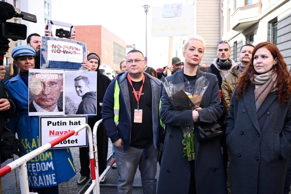 Yulia Navalnaya, the widow of Alexei Navalny, the Russian opposition leader who died in a prison camp, stands in a queue outside the Russian Embassy on the final day of the presidential election in Russia, in Berlin (REUTERS)