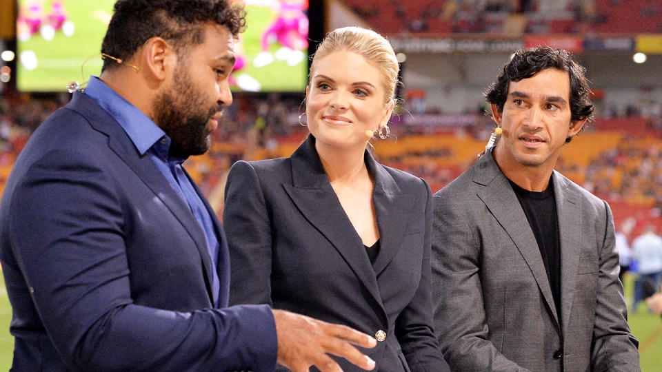 Sam Thaiday, Erin Molan and Jonathan Thurston, pictured here during a Channel Nine broadcast.