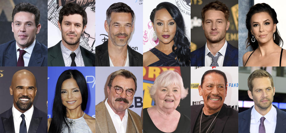 This combination of photos shows actors who have appears on the daytime series "The Young and the Restless," top row from left, Kevin Alejandro, Adam Brody, Eddie Cibrian, Vivica A. Fox, Justin Hartley, Eva Longoria, bottom row from left, Shemar Moore, Victoria Rowell, Tom Selleck, June Squibb, Danny Trejo and Paul Walker. (AP Photo)