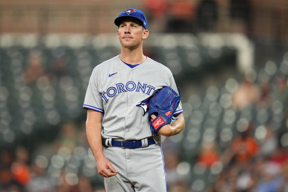 Toronto Blue Jays starting pitcher Chris Bassitt looks on during the third inning of a baseball game against the Baltimore Orioles, Tuesday, June 13, 2023, in Baltimore. (AP Photo/Julio Cortez)