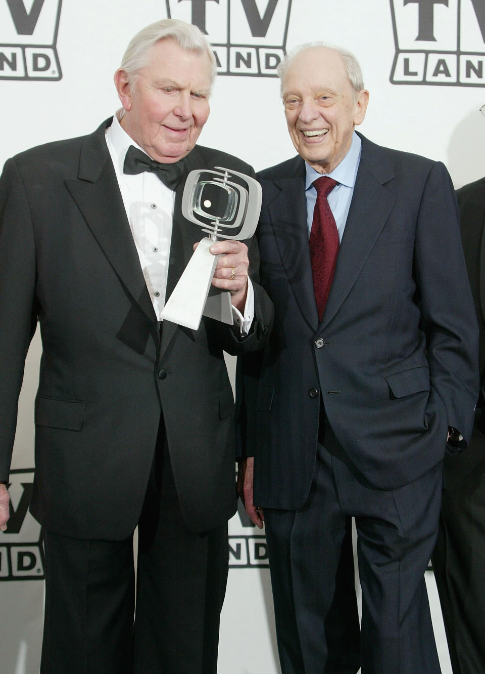 HOLLYWOOD, CA - MARCH 7: Actor Andy Griffith with his award and actor Don Knotts pose backstage at the 2nd Annual TV Land Awards held on March 7, 2004 at The Hollywood Palladium, in Hollywood, California. (Photo by Frederick M. Brown/Getty Images)