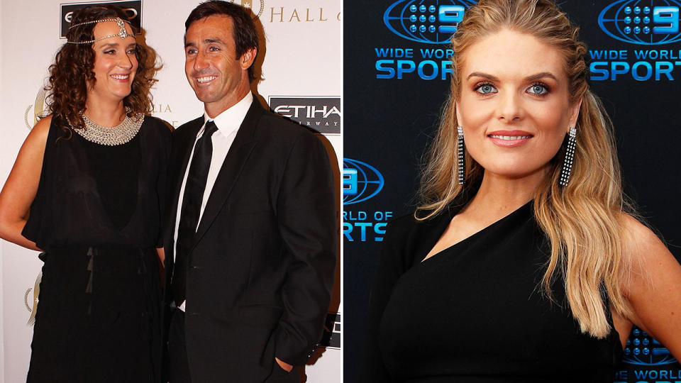 Cathrine Mahoney and Andrew Johns, pictured here in 2012, and Erin Molan in 2018.