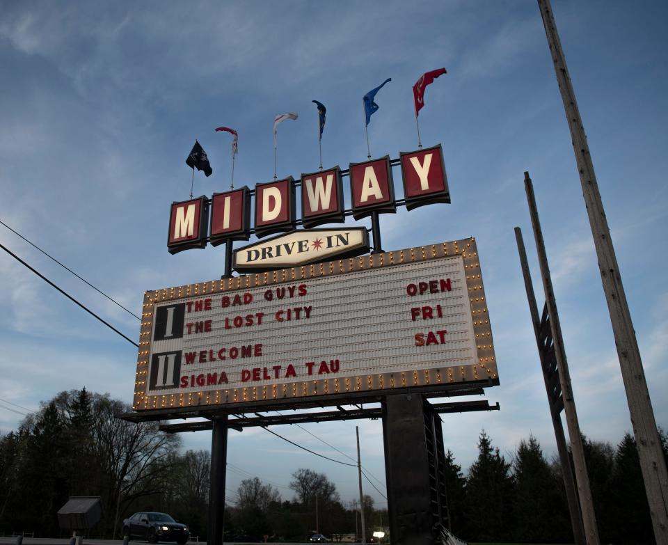 Midway Twin Drive-In Theater, April 29, 2022 in Ravenna. Midway marquee on S.R. 59.