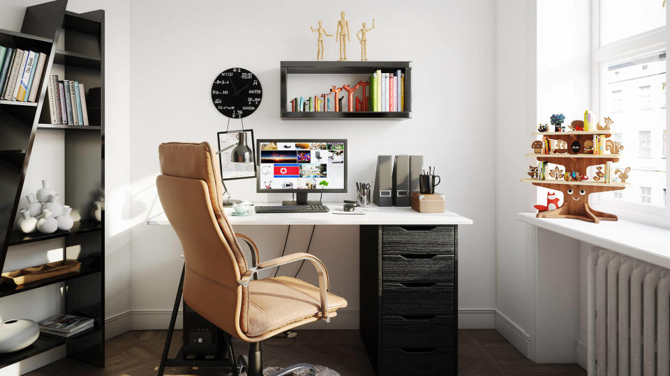 Digitally generated Scandinavian home office interior design.