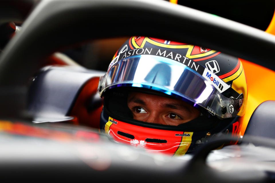 MEXICO CITY, MEXICO - OCTOBER 27: Alexander Albon of Thailand and Red Bull Racing prepares to drive in the garage before the F1 Grand Prix of Mexico at Autodromo Hermanos Rodriguez on October 27, 2019 in Mexico City, Mexico. (Photo by Dan Istitene/Getty Images)