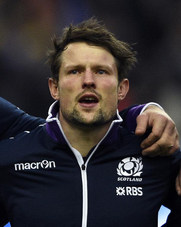 Scotland's Peter Horne listens to the national anthems ahead of the Six Nations match against France at the Stade de France on February 7, 2015