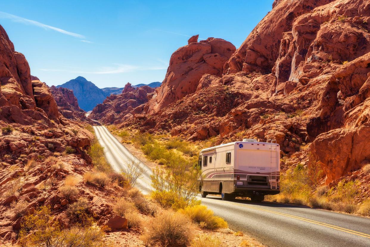 motorhome trailer traveling on the road in Valley of Fire