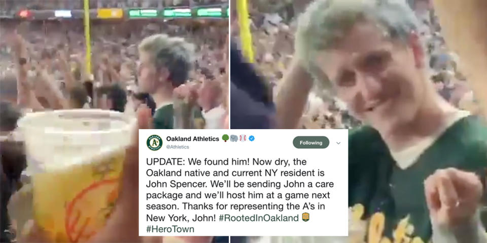 An A’s who had beer thrown at him by a Yankees fan at the Yankees-A’s wild-card game has received a lot of love from the internet, and from the team he loves. (Twitter/Yahoo Sports)