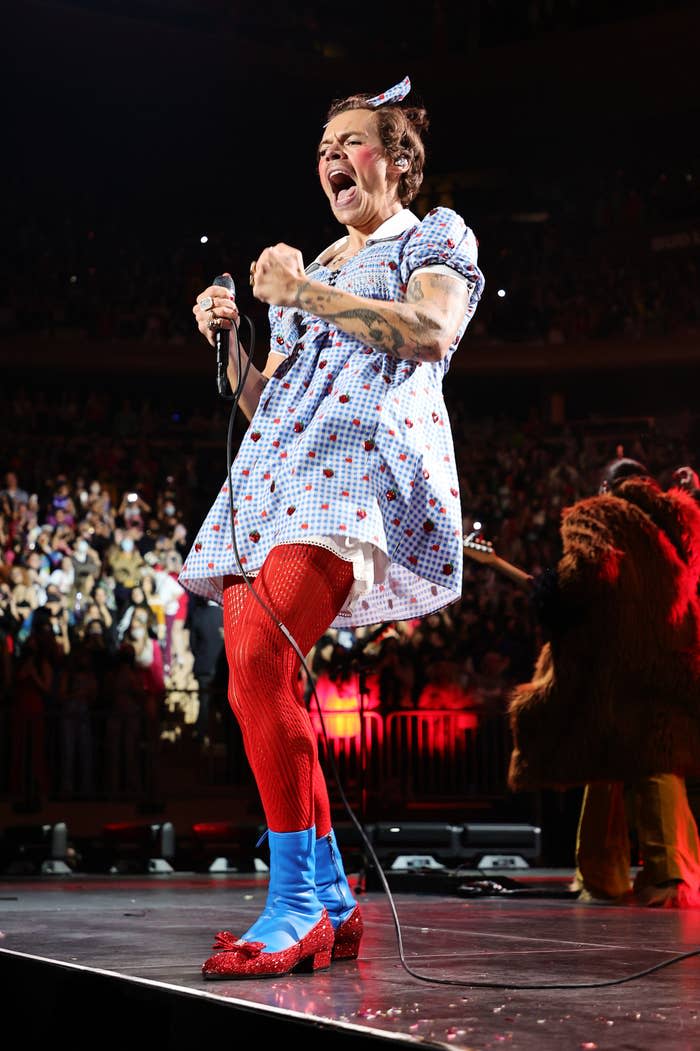 Harry onstage wearing a dress, red stockings, and red shoes