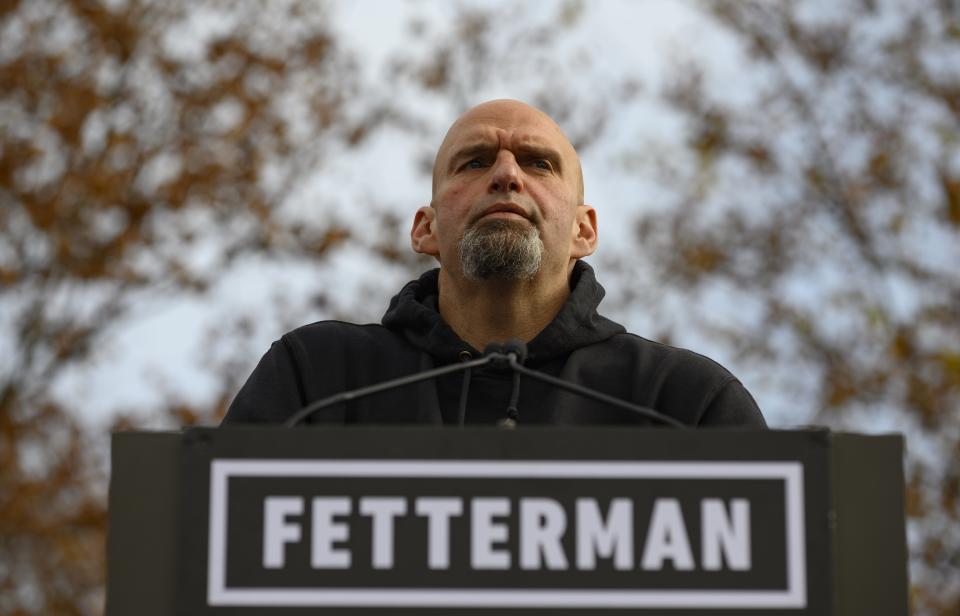 Democratic Pennsylvania Senate nominee John Fetterman speaks to supporters on the campus of the University of Pittsburgh, on November 5, 2022. (Jeff Swensen / Getty Images)