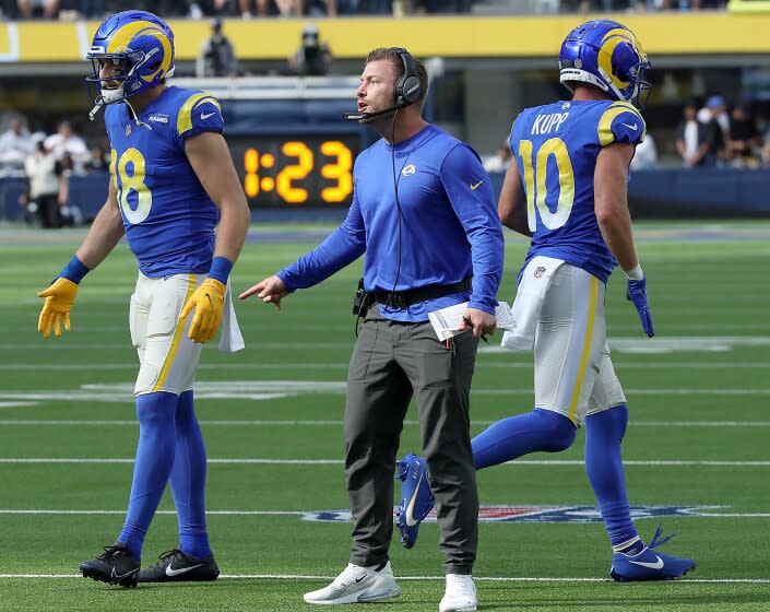 INGLEWOOD, CALIF. - OCT. 24, 2021. Rams head coach Sean McVay on the sidelines during a game against the Lions at SoFi Stadium in Inglewood on Sunday, Oct. 24, 2021. (Luis Sinco / Los Angeles Times)