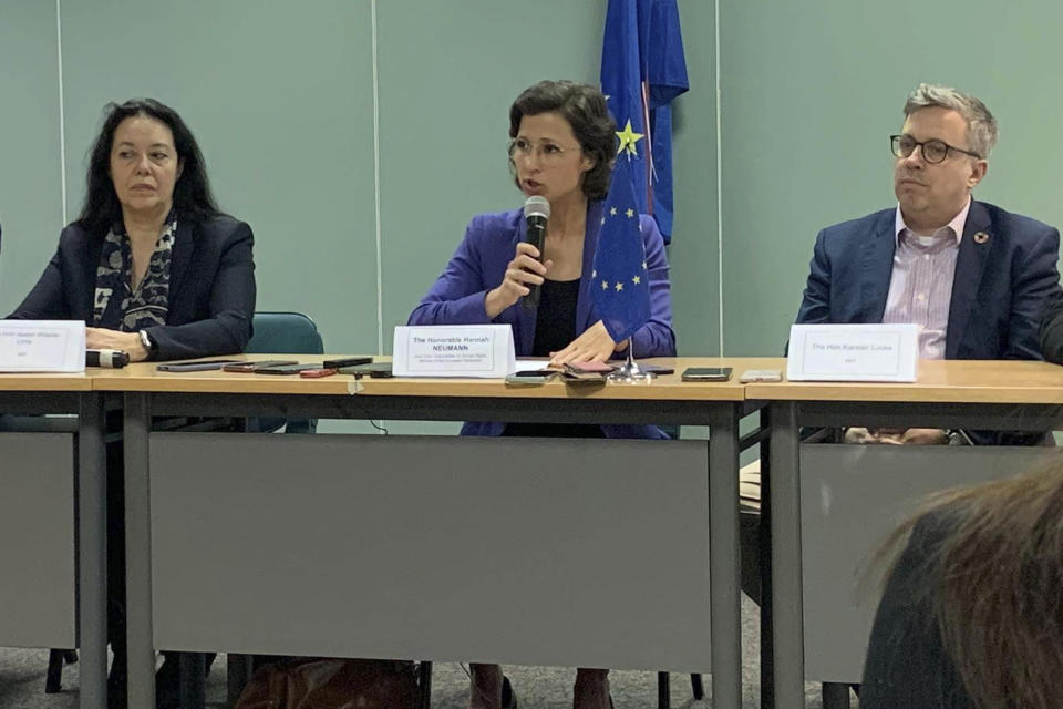 In this handout photo provided by the EU PIO, Hannah Neumann, center, who leads a delegation of the European Parliament's sub-committee on human rights, talks to reporters during a press conference in Manila, Philippines on Friday Feb. 24, 2023. The Philippines' chances of retaining special trading incentives, including slashed tariffs for a wide array of products, would be boosted if it decides to free a long-detained opposition leader and rejoin the International Criminal Court, a group of European parliamentarians said Friday. (EU PIO via AP)