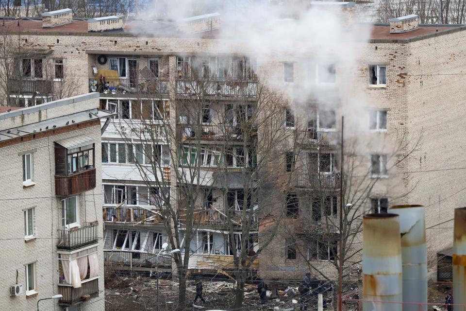 A view of a damaged apartment's building after a reported drone attack in St. Petersburg, Russia, Saturday, March 2, 2024. Russia's state news agency says a drone crashed into an apartment building in St. Petersburg. RIA Novosti said six people received medical help after the explosion rocked the building on Saturday morning, citing the press service of the city’s health care committee. The Mash news site said that the apartment building was hit by a Ukrainian drone. (AP Photo)