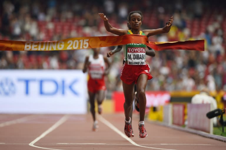 Ethiopia's Mare Dibaba wins the final of the women's marathon athletics event at the 2015 IAAF World Championships at the "Bird's Nest" National Stadium in Beijing on August 30, 2015