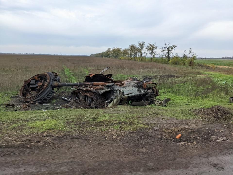 <div class="inline-image__caption"><p>A destroyed tank on the way to Dudchany, Ukraine, October 31, 2022.</p></div> <div class="inline-image__credit">Photos courtesy of Sam Skove</div>