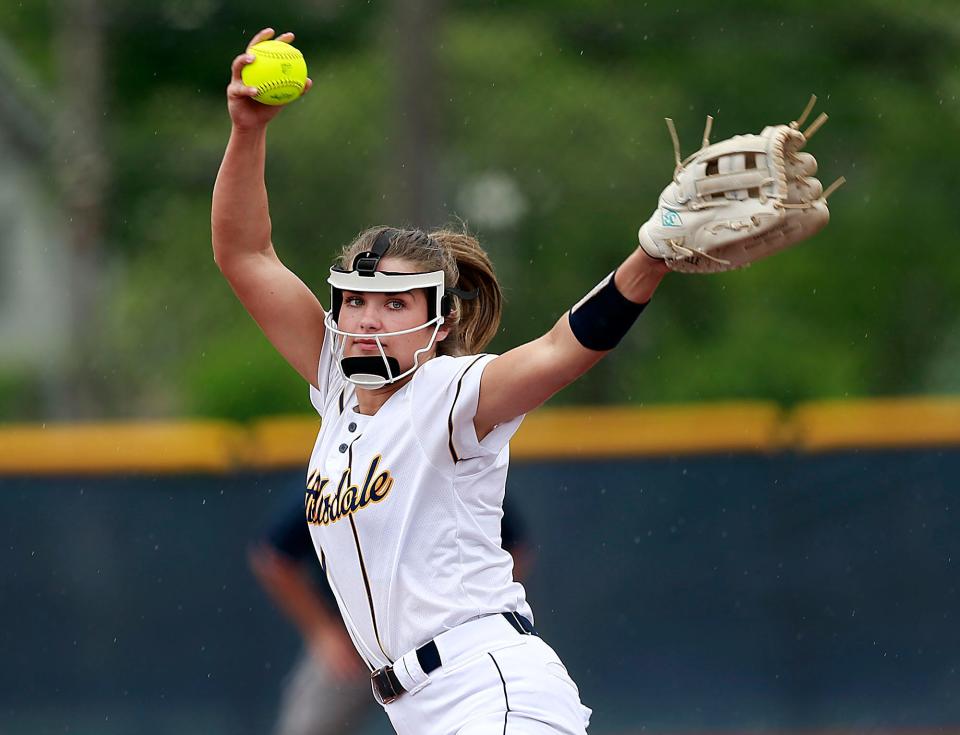 Hillsdale High School's Taylor Morgan (15) delivers a pitch in the first inning against Hopewell-Loudon High School during their OHSAA Division IV regional championship softball game Thursday, May 26, 2022 at Berea-Midpark High School. Hillsdale won the game 6-5. TOM E. PUSKAR/TIMES-GAZETTE.COM